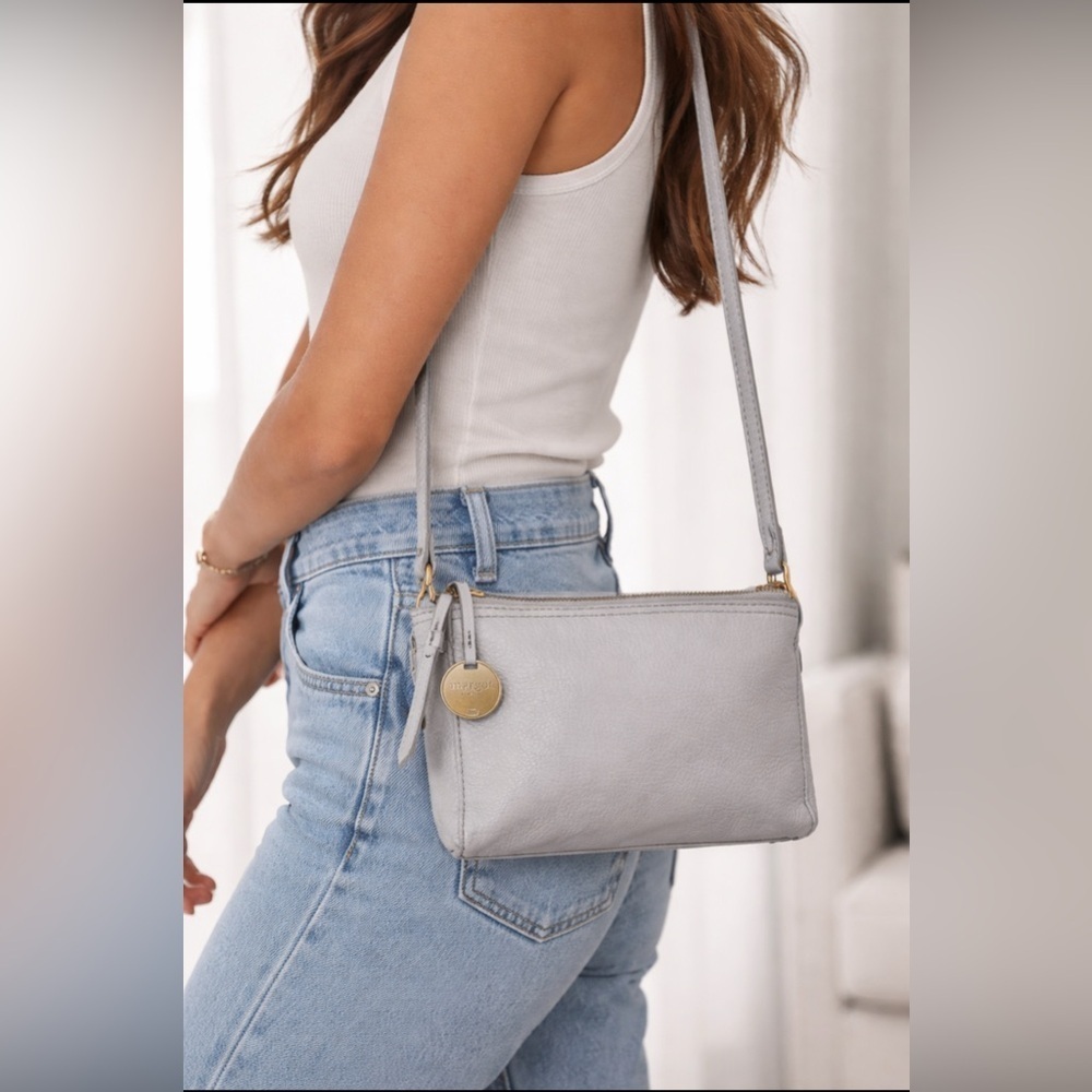 Margot New York Gray Pebbled Leather Crossbody Bag Gold Hardware